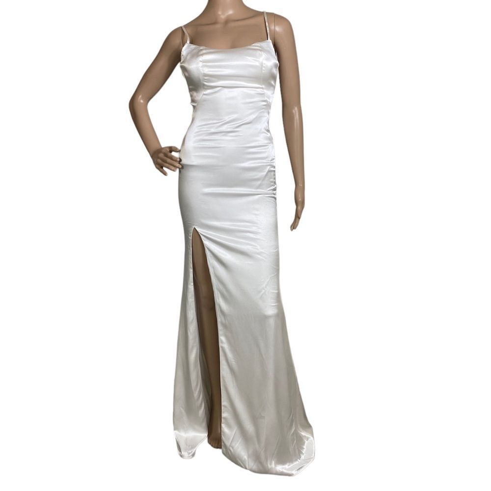 La Femme 2 white maxi dress stretch silky party , homecoming slit
